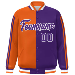 Custom Purple Orange-White Two Tone Color Block Bomber Varsity Baseball Jacket