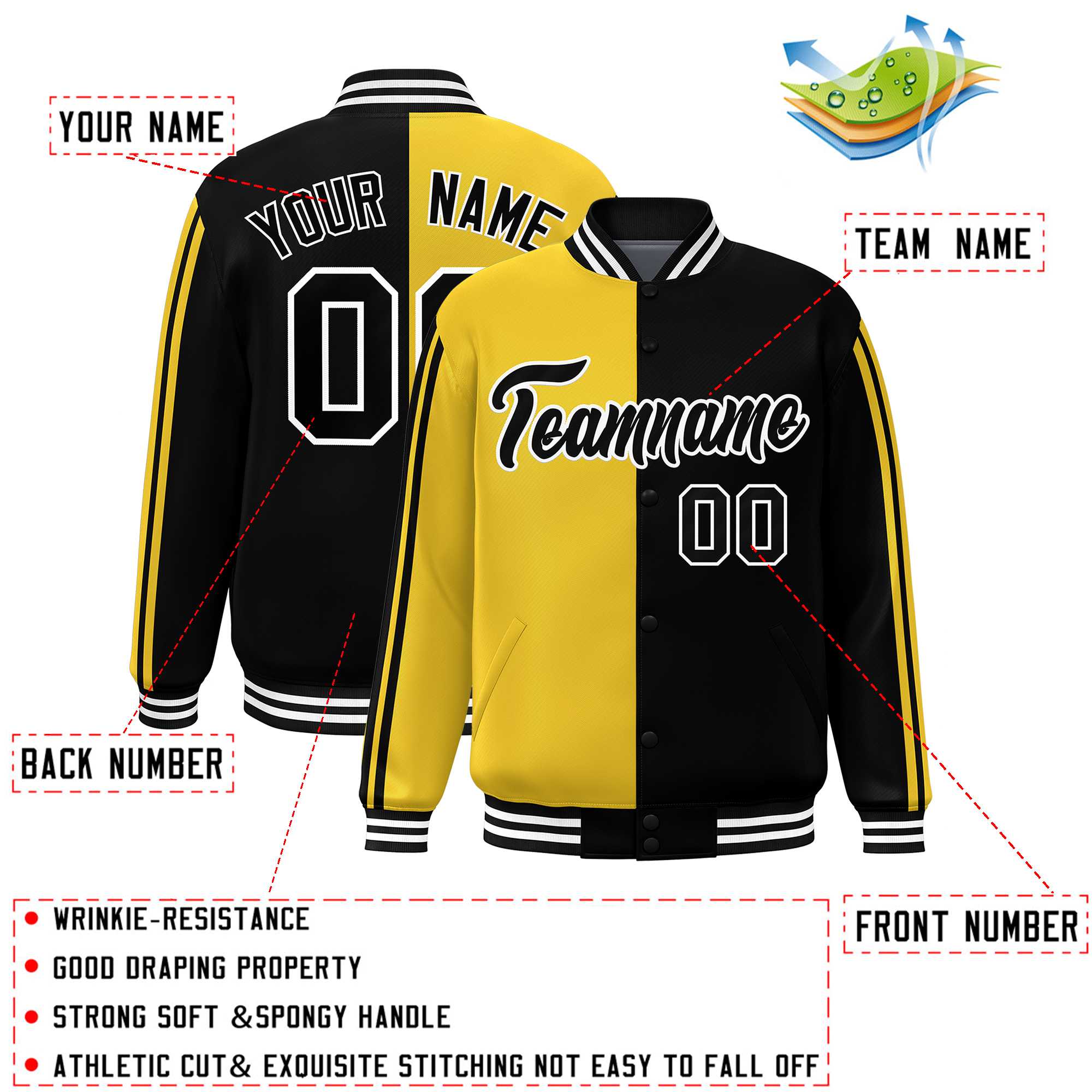 Custom Black Gold-White Two Tone Color Block Bomber Varsity Baseball Jacket