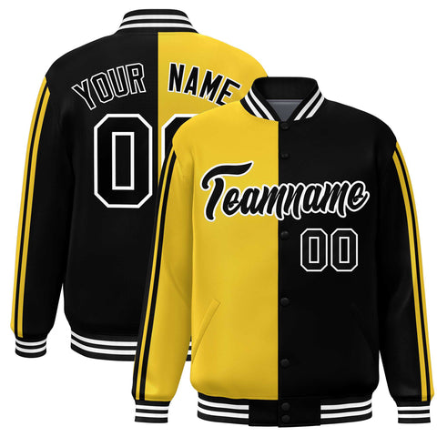 Custom Black Gold-White Two Tone Color Block Bomber Varsity Baseball Jacket