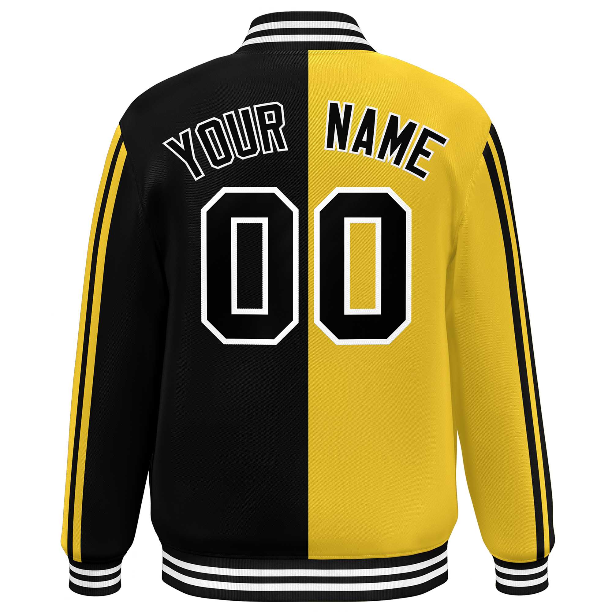 Custom Black Gold-White Two Tone Color Block Bomber Varsity Baseball Jacket