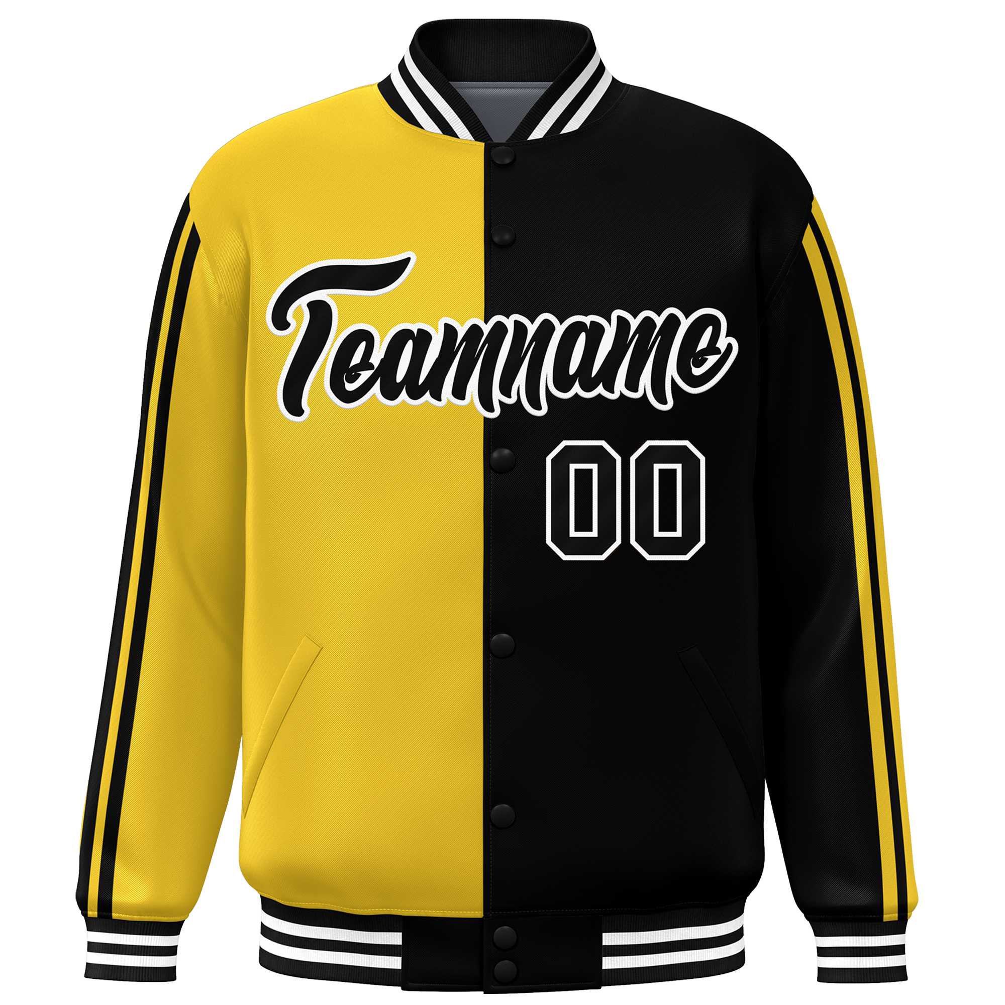 Custom Black Gold-White Two Tone Color Block Bomber Varsity Baseball Jacket