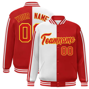 Custom Red White-Yellow Two Tone Color Block Bomber Varsity Baseball Jacket