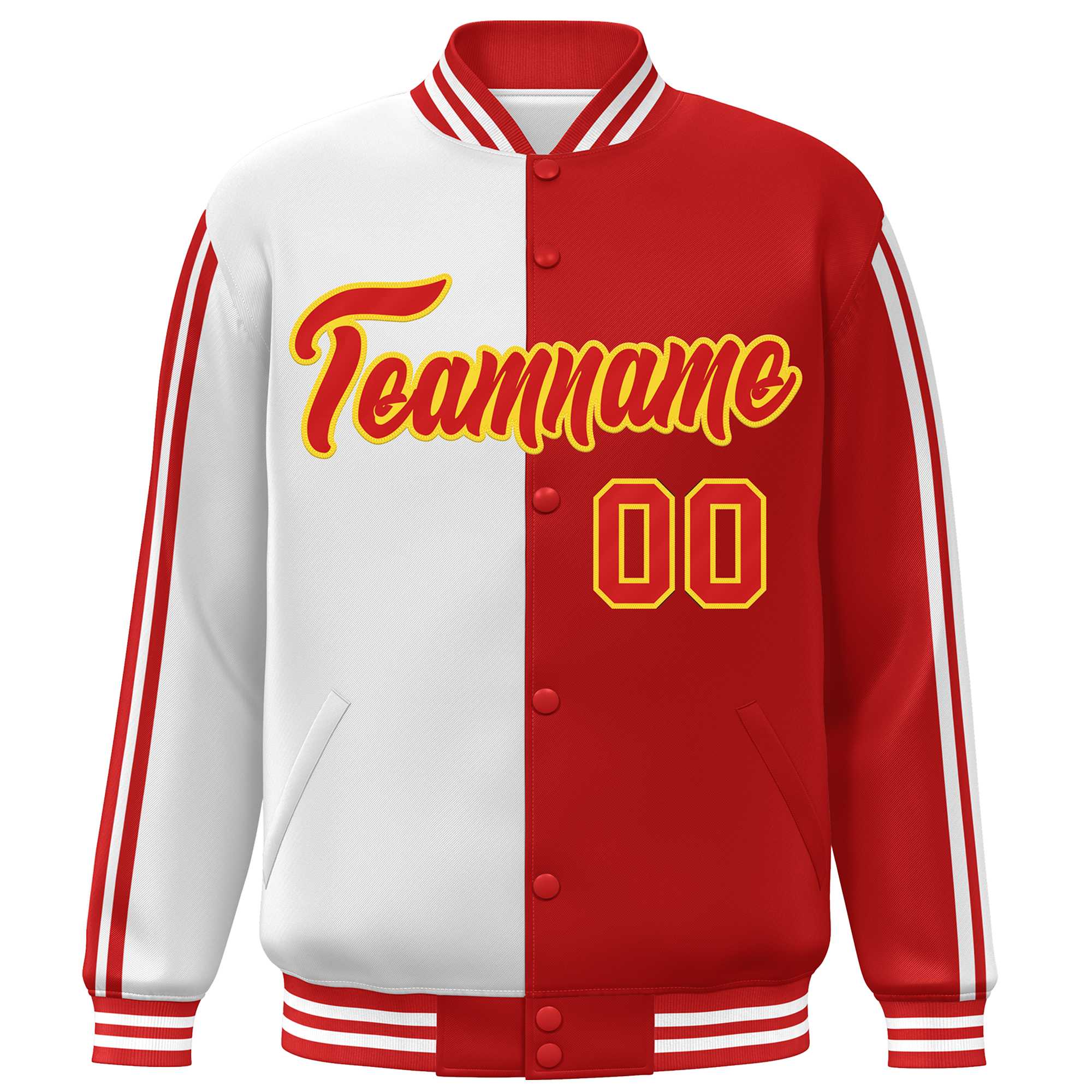 Custom Red White-Yellow Two Tone Color Block Bomber Varsity Baseball Jacket