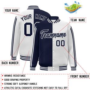 Custom White Navy Two Tone Color Block Bomber Varsity Baseball Jacket