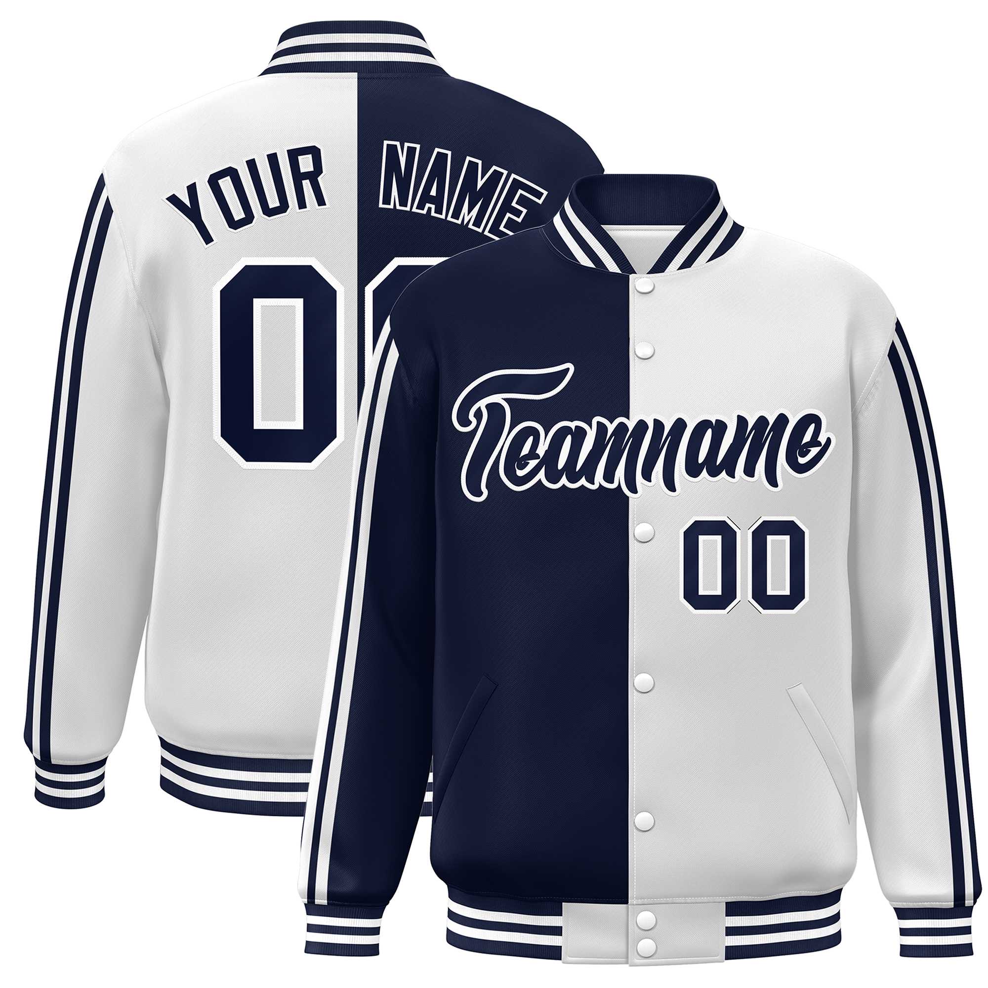 Custom White Navy Two Tone Color Block Bomber Varsity Baseball Jacket