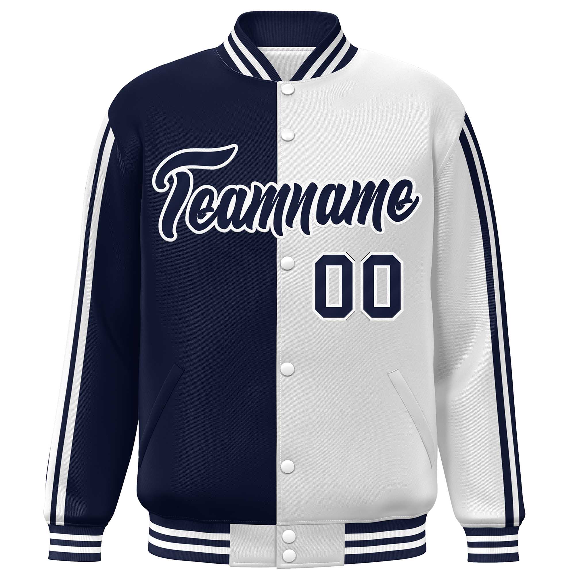 Custom White Navy Two Tone Color Block Bomber Varsity Baseball Jacket