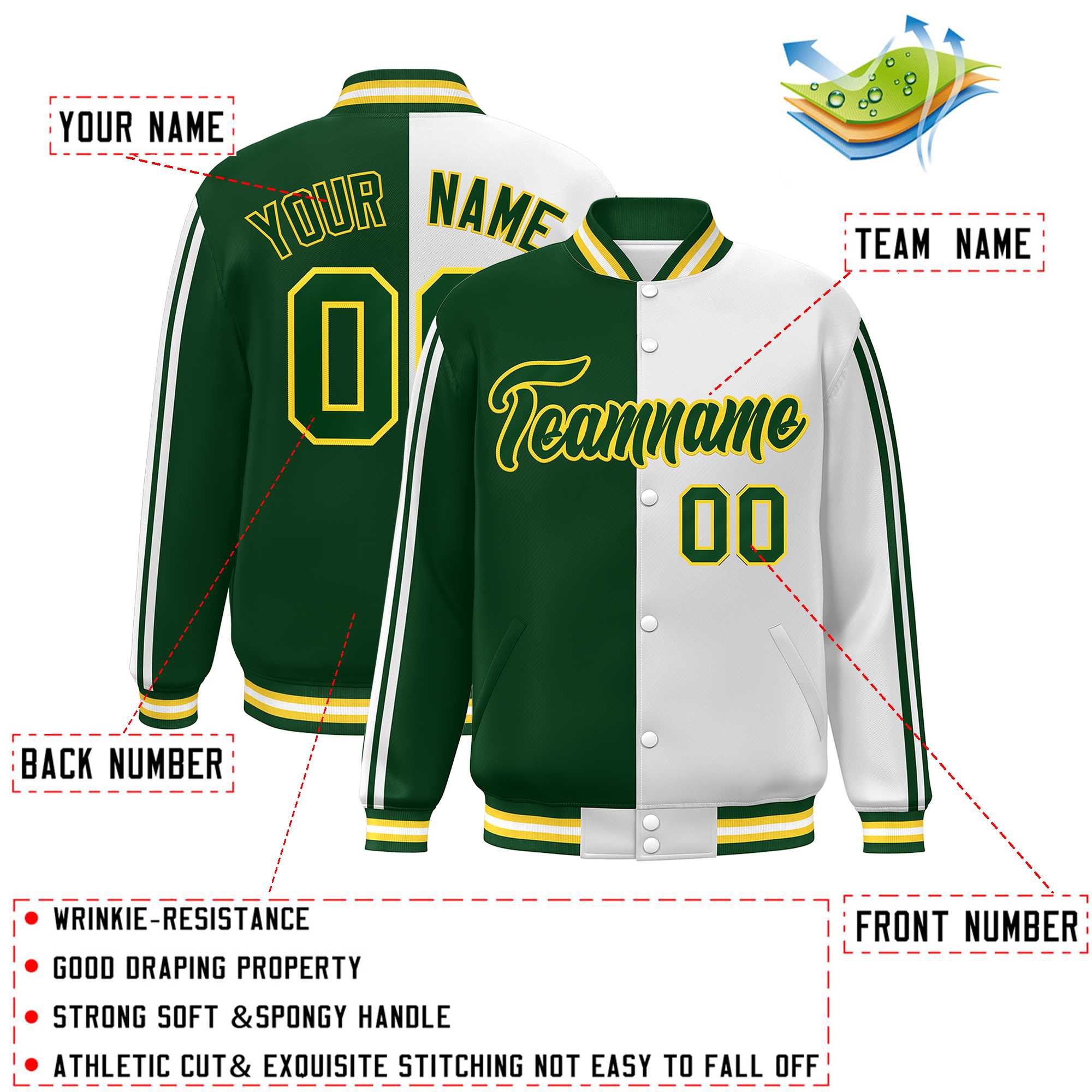 Custom Green White-Yellow Two Tone Color Block Bomber Varsity Baseball Jacket