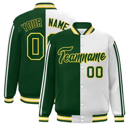 Custom Green White-Yellow Two Tone Color Block Bomber Varsity Baseball Jacket