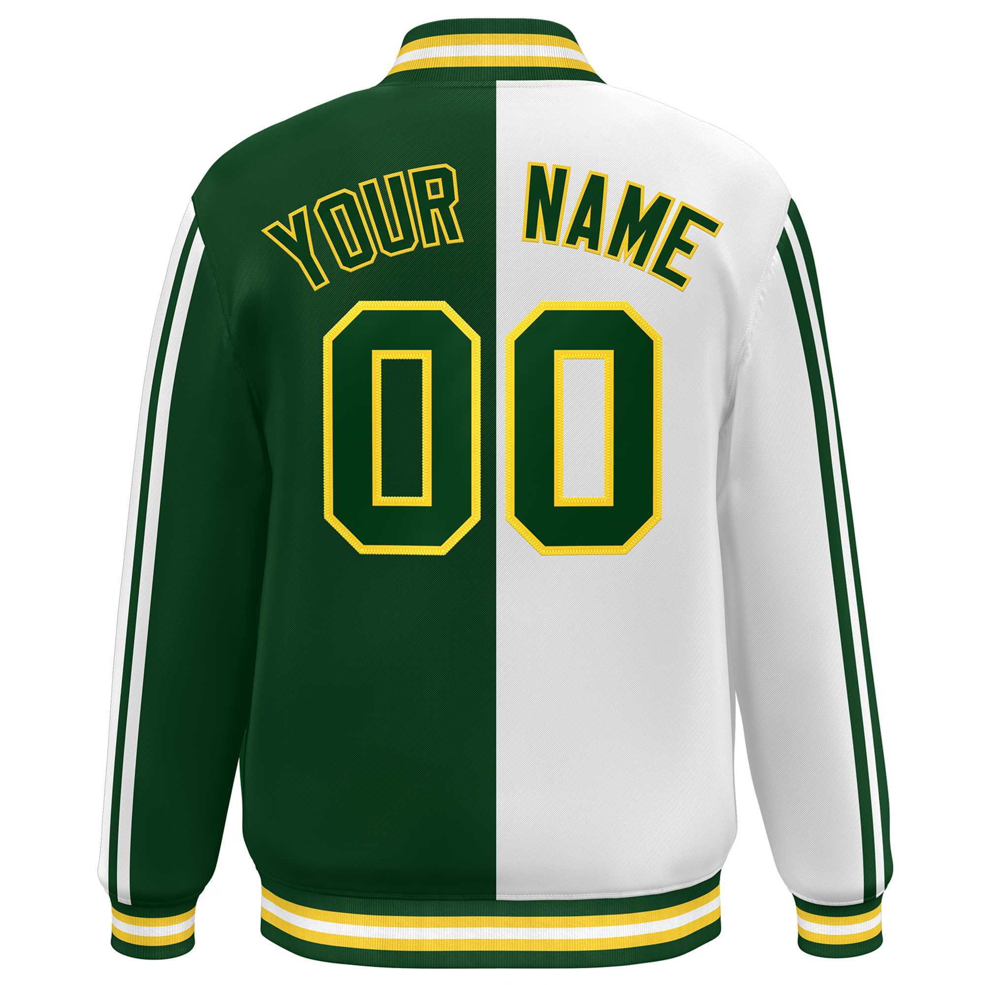 Custom Green White-Yellow Two Tone Color Block Bomber Varsity Baseball Jacket