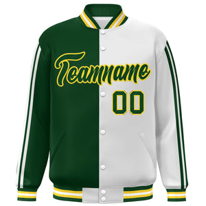 Custom Green White-Yellow Two Tone Color Block Bomber Varsity Baseball Jacket