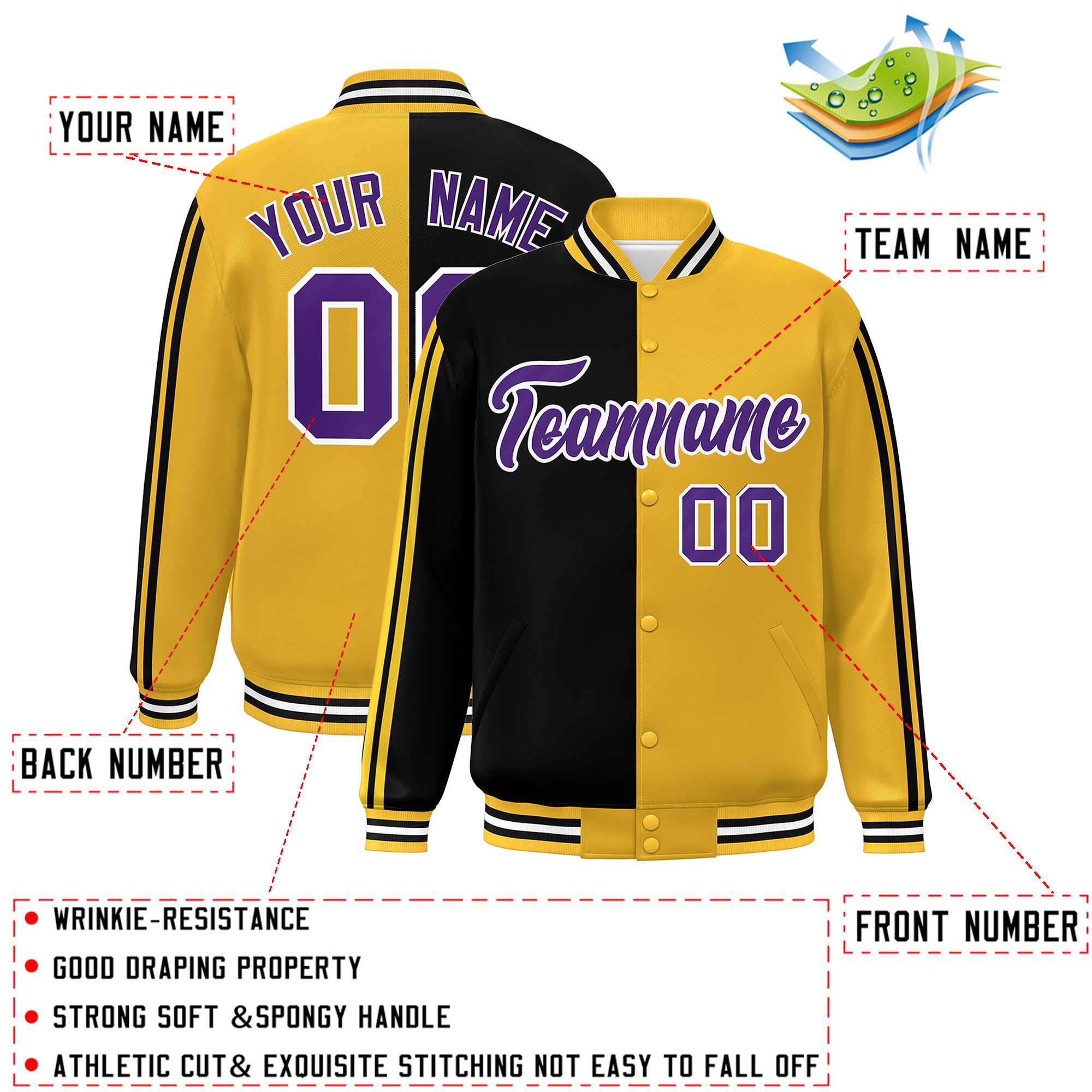 Custom Gold Black-White Two Tone Color Block Bomber Varsity Baseball Jacket