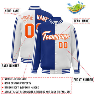 Custom White Royal-Orange Two Tone Color Block Bomber Varsity Baseball Jacket