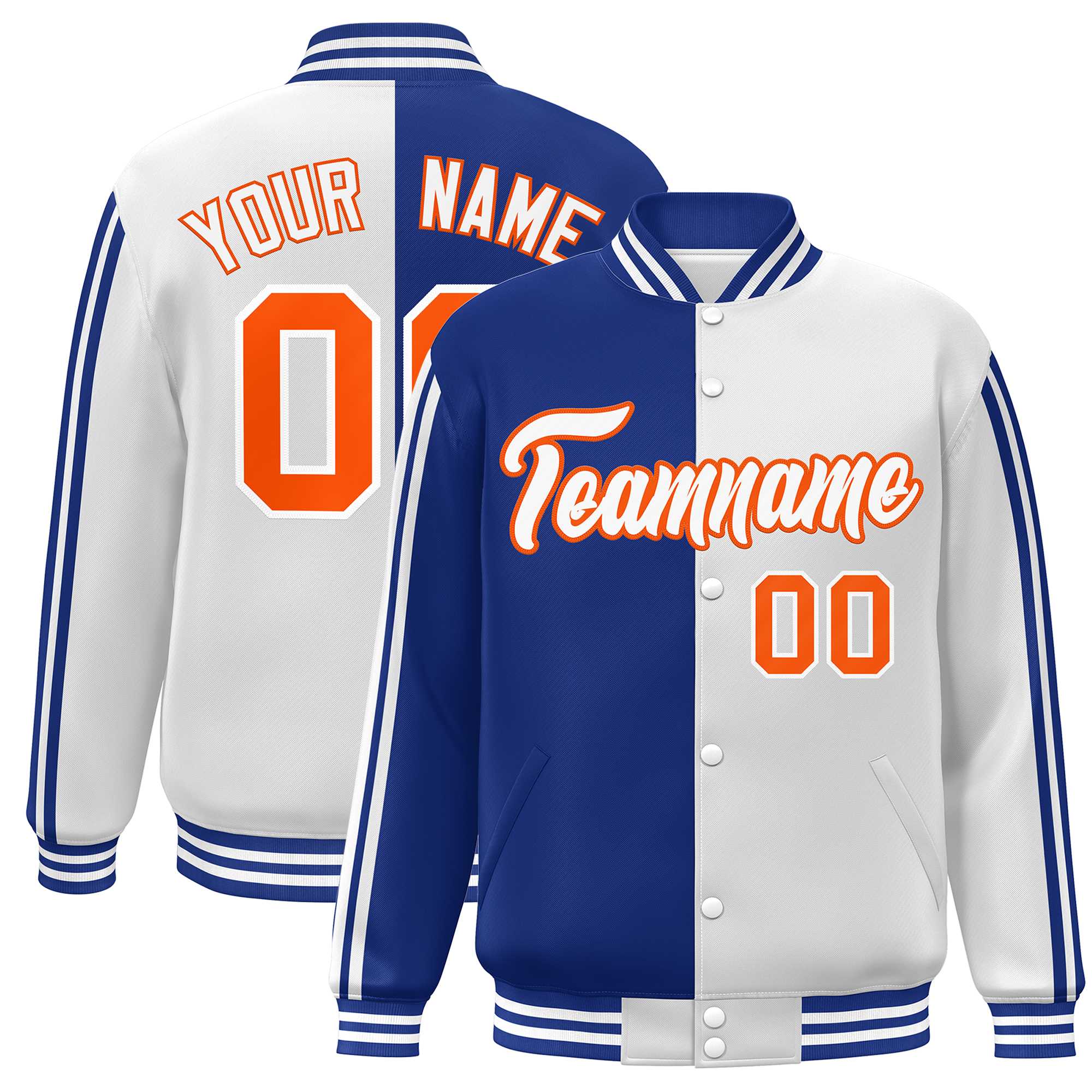 Custom White Royal-Orange Two Tone Color Block Bomber Varsity Baseball Jacket