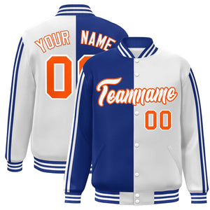 Custom White Royal-Orange Two Tone Color Block Bomber Varsity Baseball Jacket