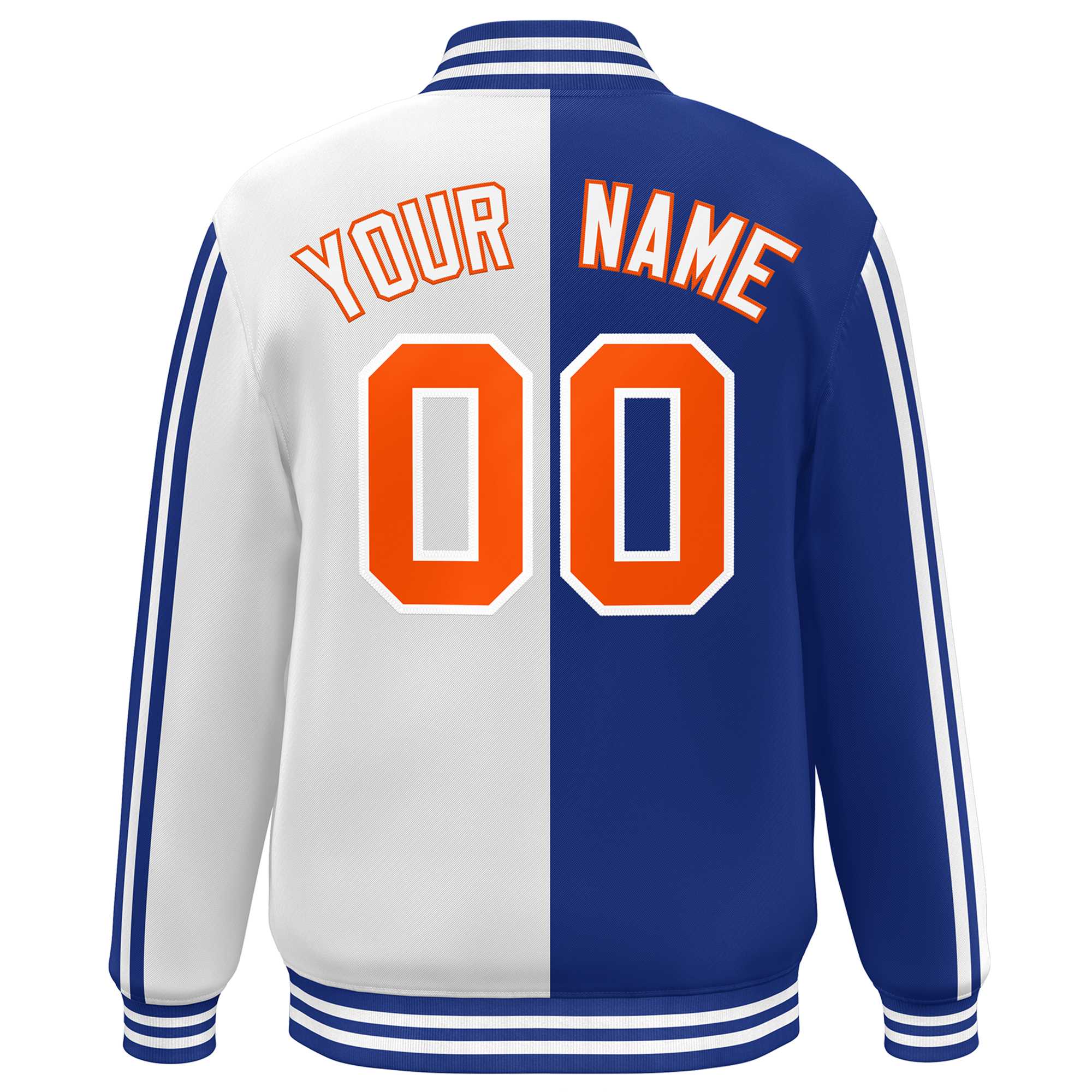 Custom White Royal-Orange Two Tone Color Block Bomber Varsity Baseball Jacket