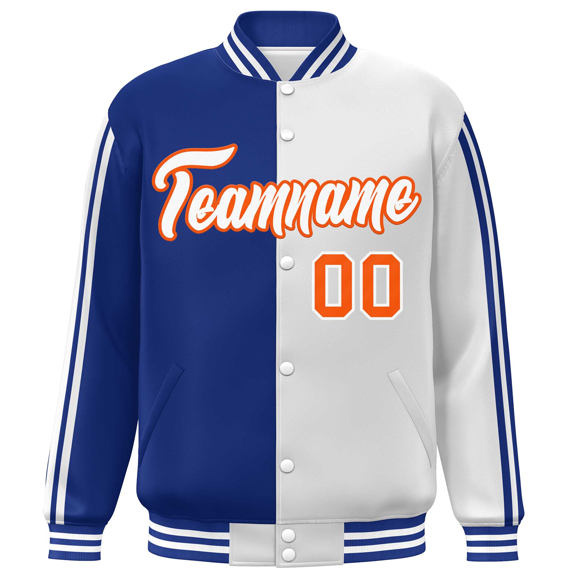 Custom White Royal-Orange Two Tone Color Block Bomber Varsity Baseball Jacket