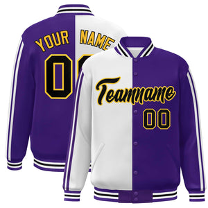 Custom Purple White-Black Two Tone Color Block Bomber Varsity Baseball Jacket