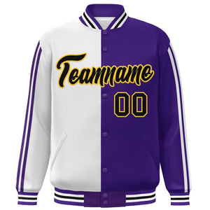 Custom Purple White-Black Two Tone Color Block Bomber Varsity Baseball Jacket