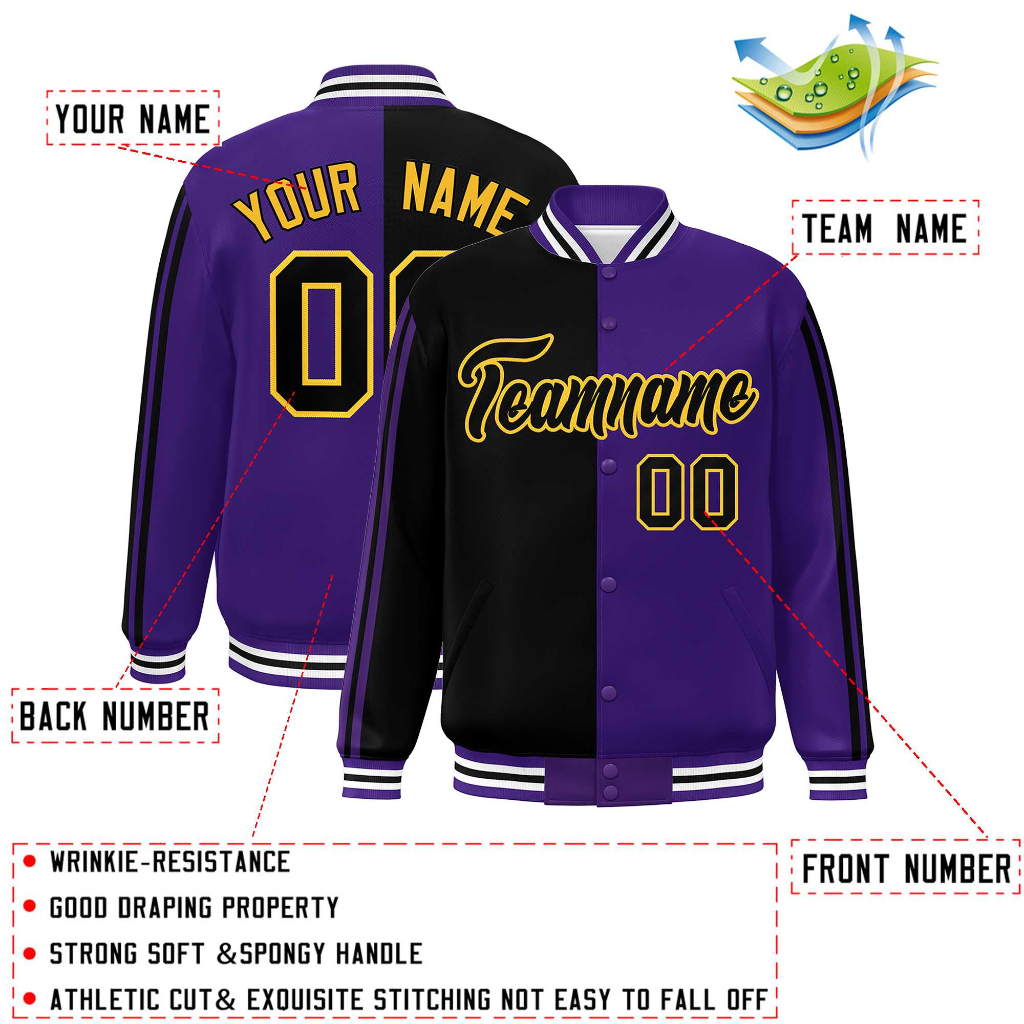 Custom Purple Black-Yellow Two Tone Color Block Bomber Varsity Baseball Jacket