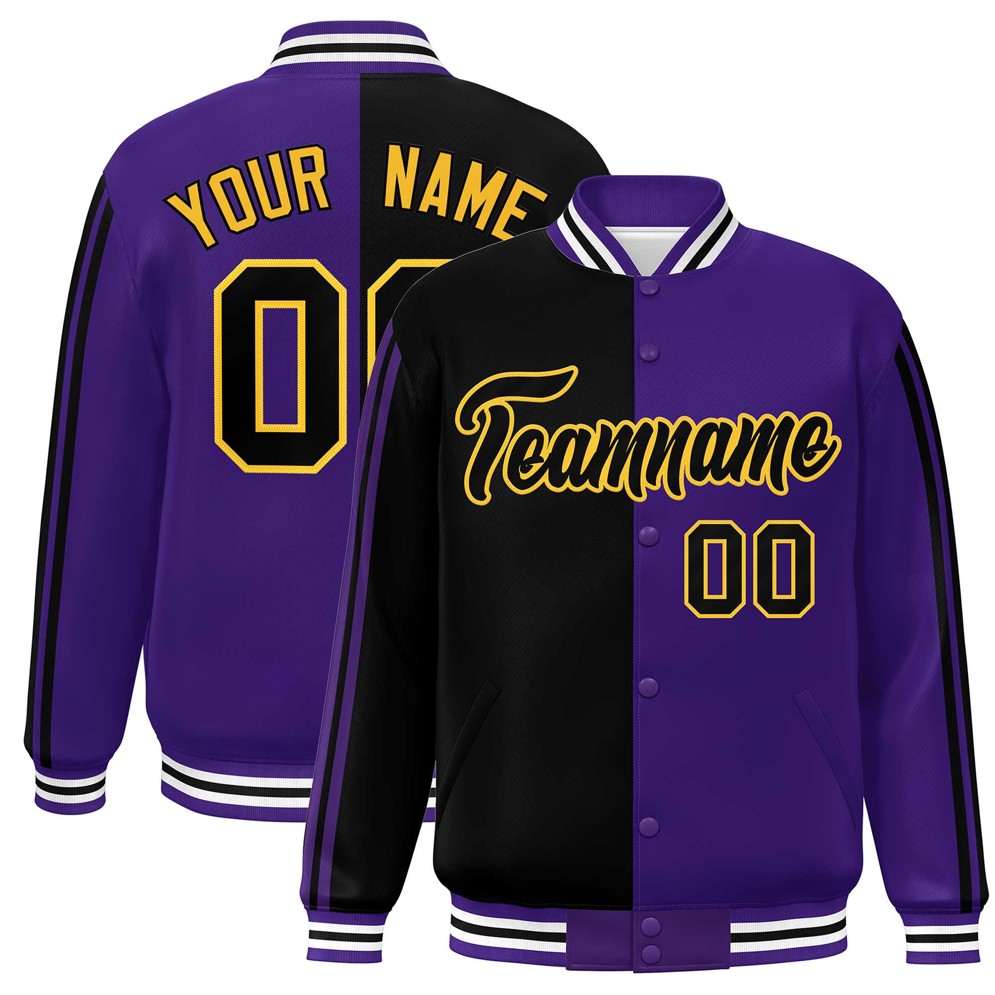 Custom Purple Black-Yellow Two Tone Color Block Bomber Varsity Baseball Jacket