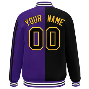 Custom Purple Black-Yellow Two Tone Color Block Bomber Varsity Baseball Jacket