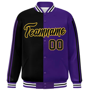 Custom Purple Black-Yellow Two Tone Color Block Bomber Varsity Baseball Jacket