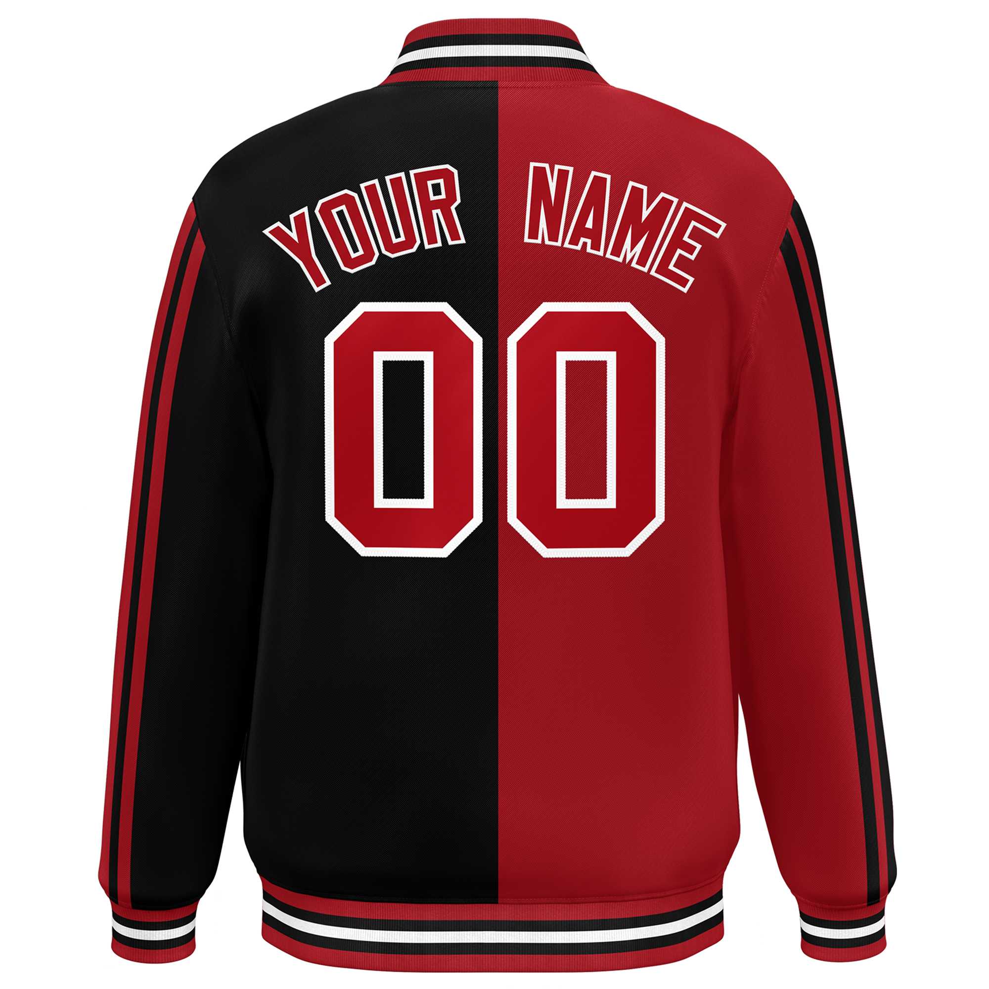 Custom Black Red-White Two Tone Color Block Bomber Varsity Baseball Jacket