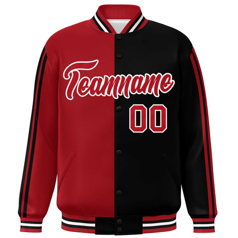 Custom Black Red-White Two Tone Color Block Bomber Varsity Baseball Jacket