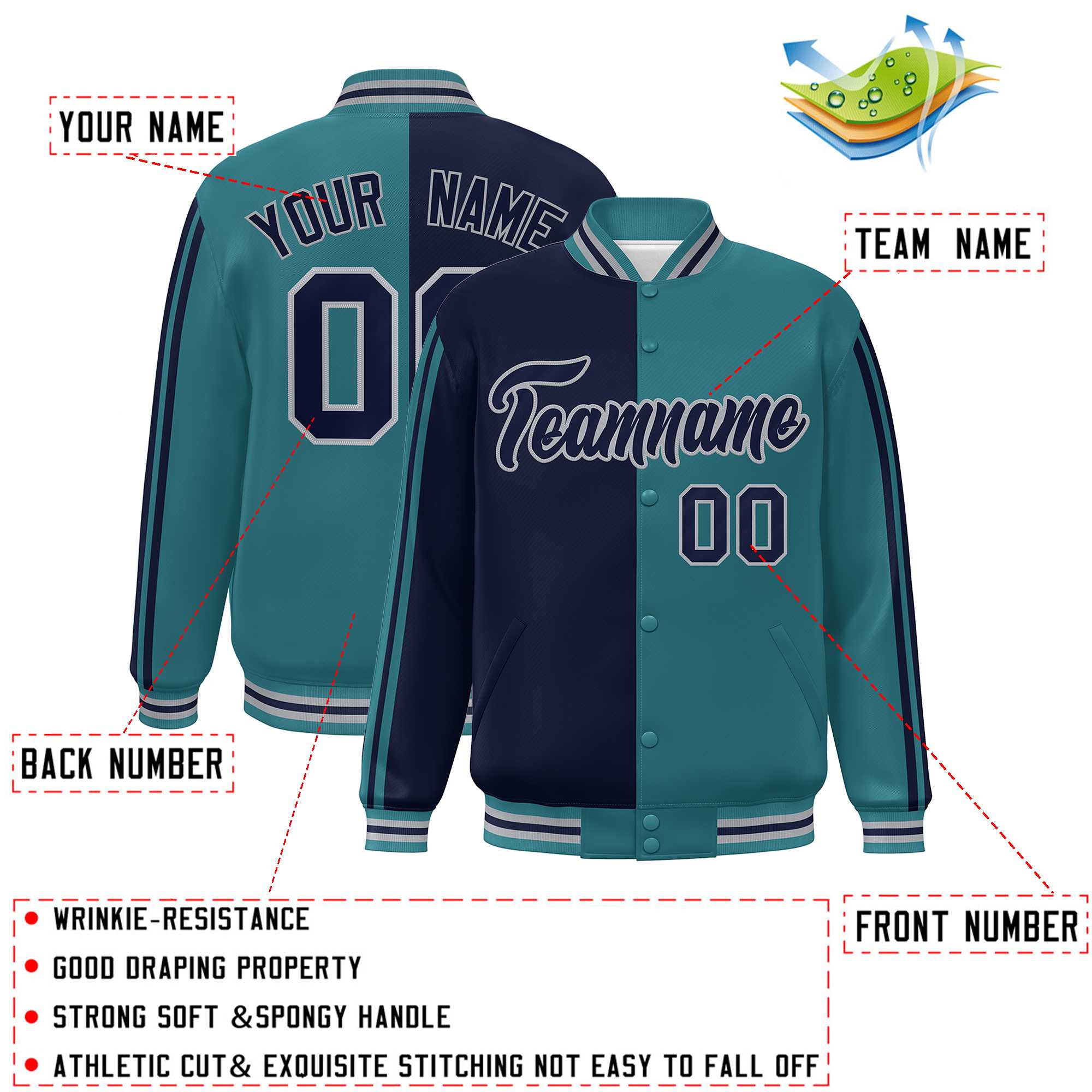 Custom Aqua Navy-Gray Two Tone Color Block Bomber Varsity Baseball Jacket