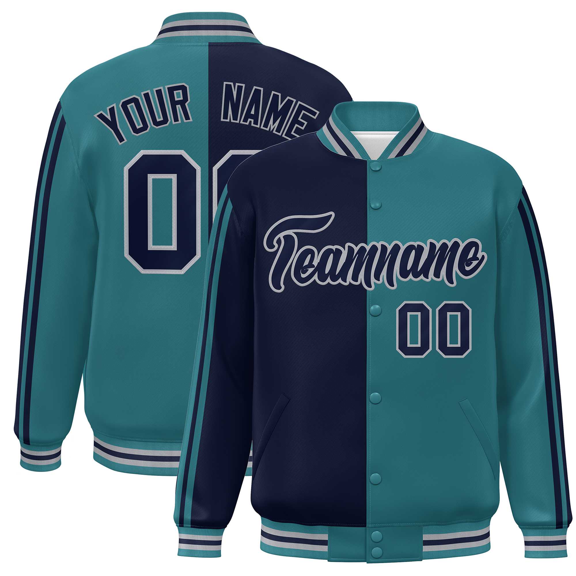 Custom Aqua Navy-Gray Two Tone Color Block Bomber Varsity Baseball Jacket