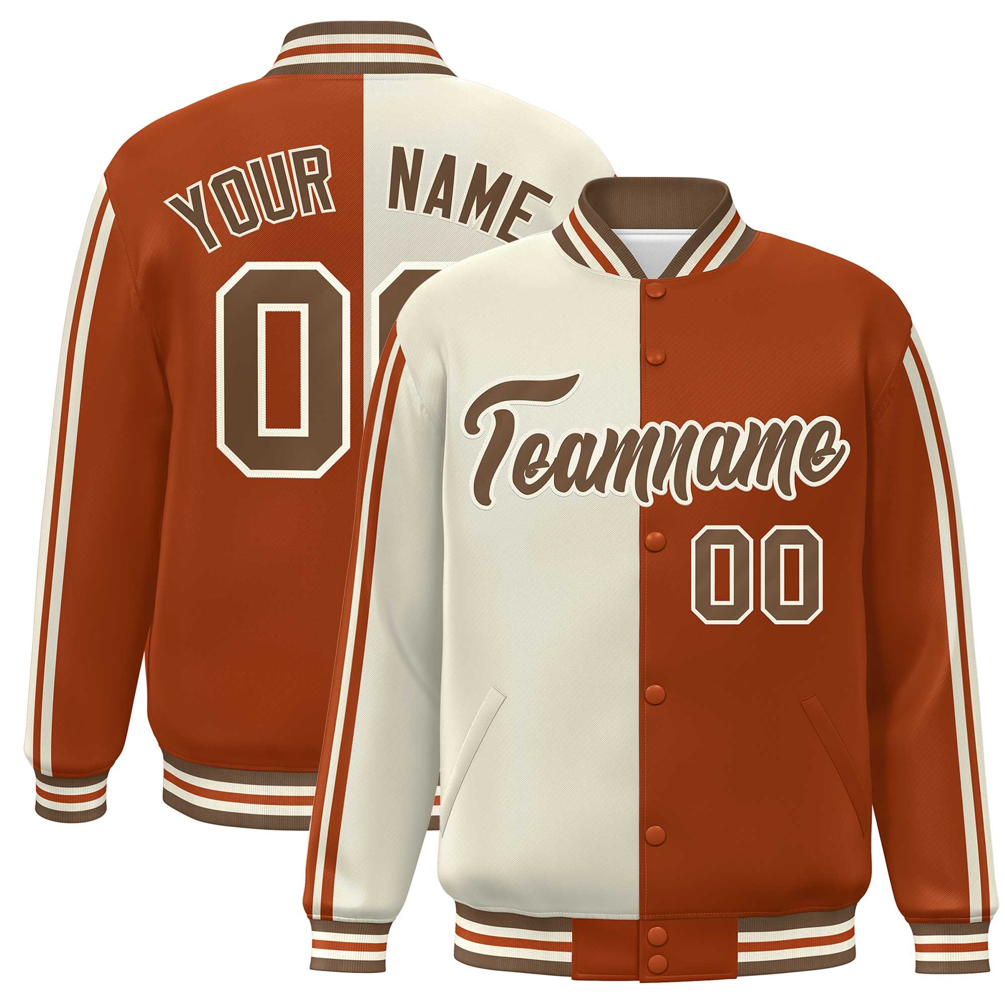 Custom Orange Khaki Two Tone Color Block Bomber Varsity Baseball Jacket