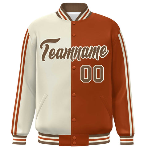 Custom Orange Khaki Two Tone Color Block Bomber Varsity Baseball Jacket