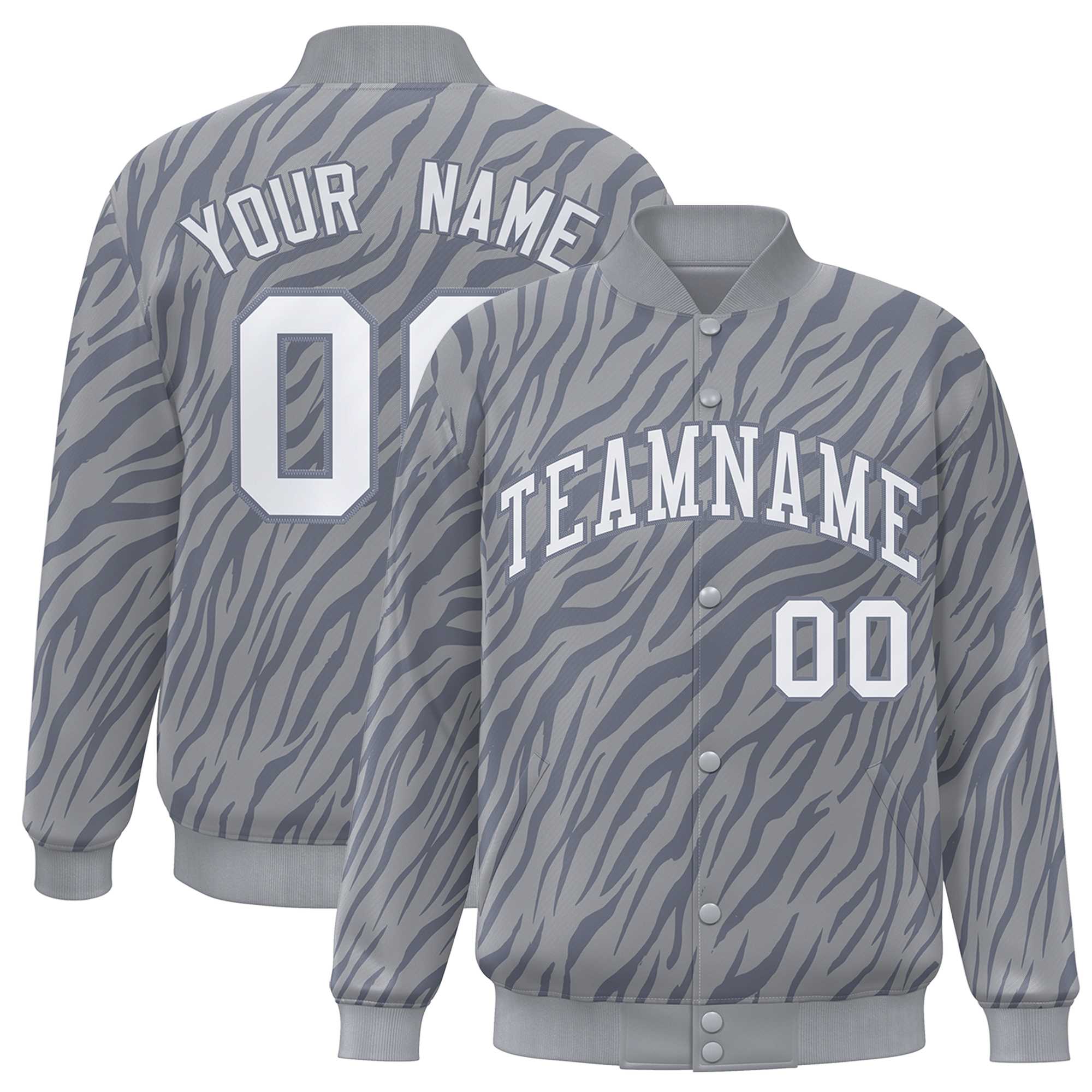 Custom Gray White Tiger Stripes Graffiti Pattern Bomber Varsity Jacket