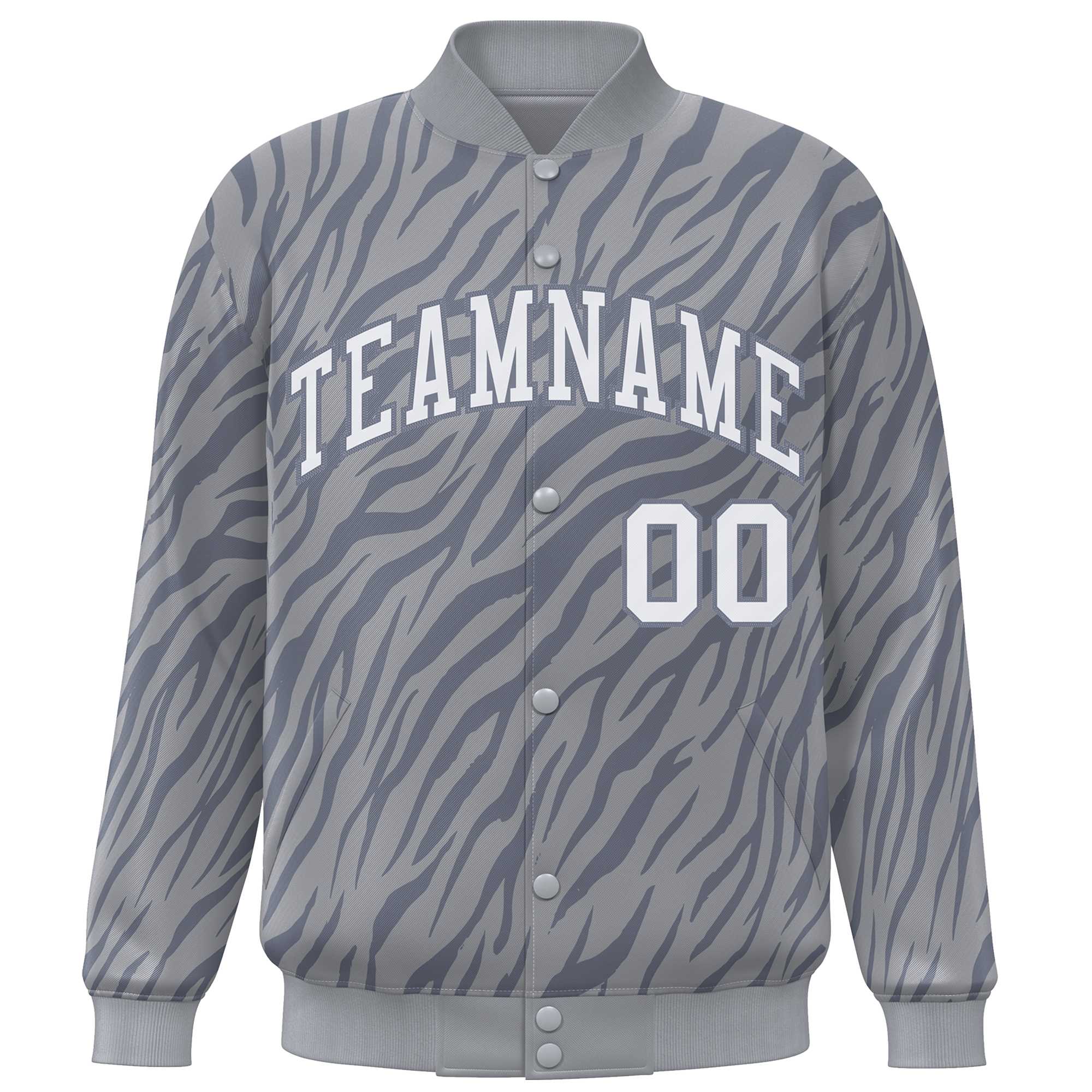 Custom Gray White Tiger Stripes Graffiti Pattern Bomber Varsity Jacket