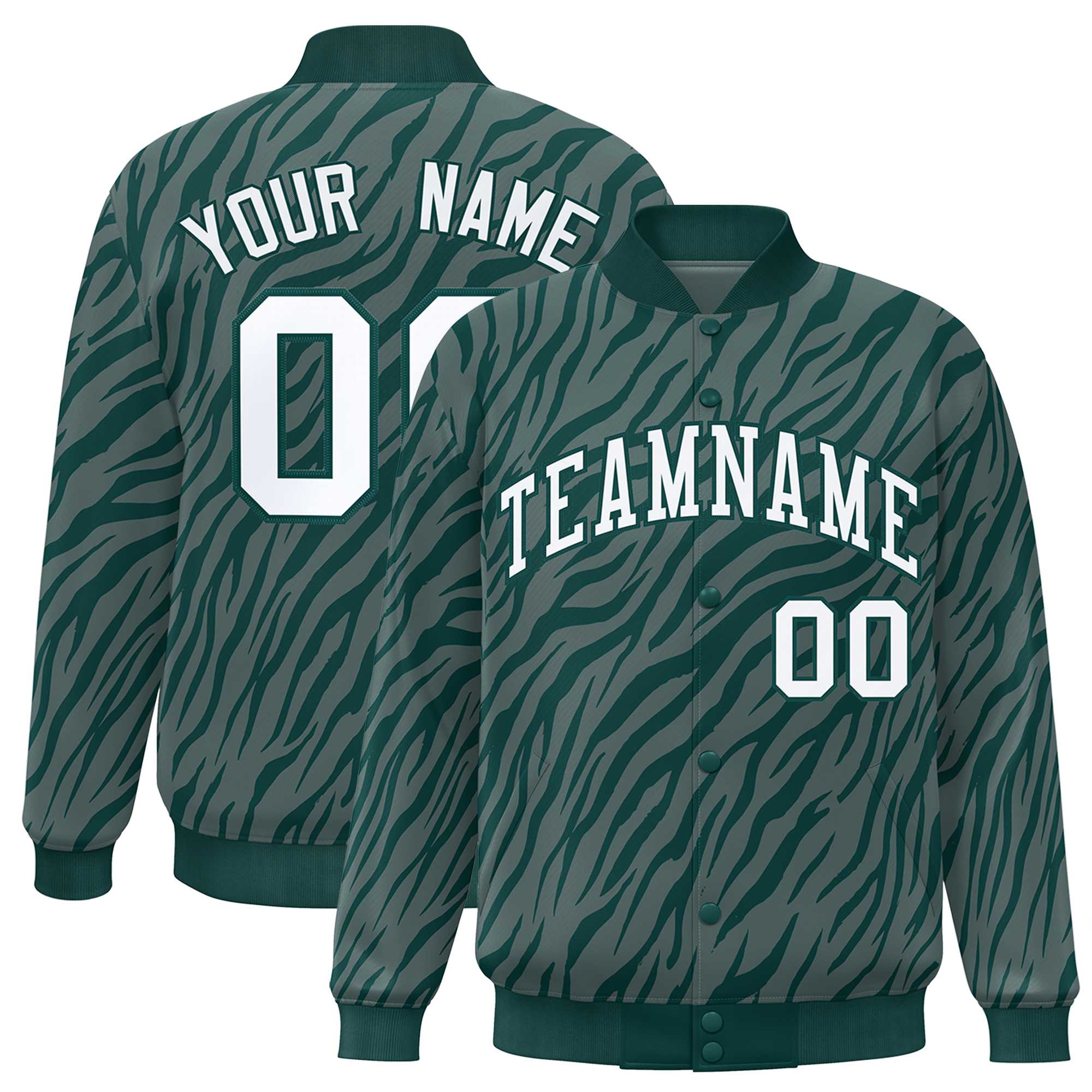 Custom Midnight Green White Tiger Stripes Graffiti Pattern Bomber Varsity Jacket