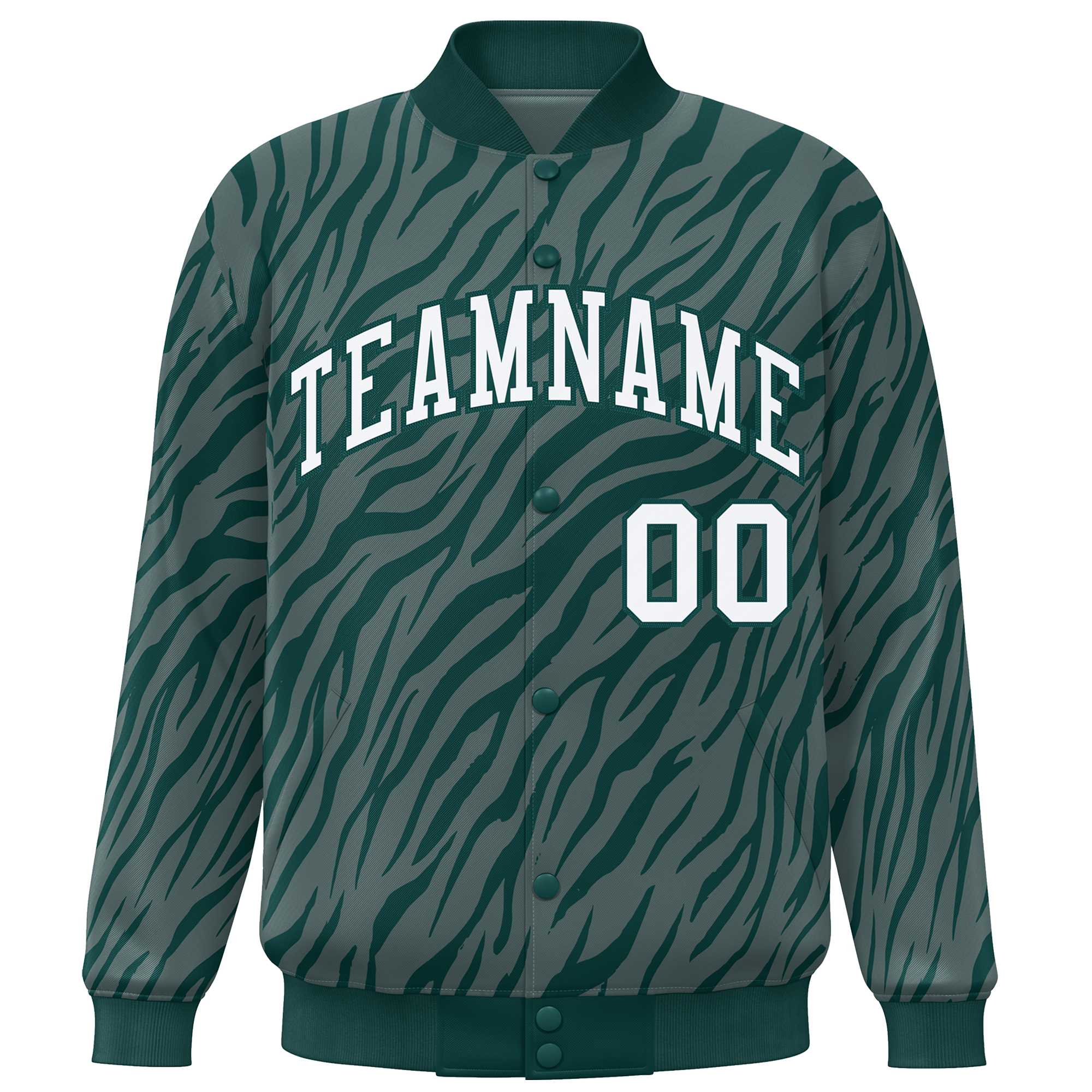 Custom Midnight Green White Tiger Stripes Graffiti Pattern Bomber Varsity Jacket