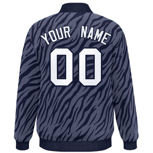 Custom Navy White Tiger Stripes Graffiti Pattern Bomber Varsity Jacket