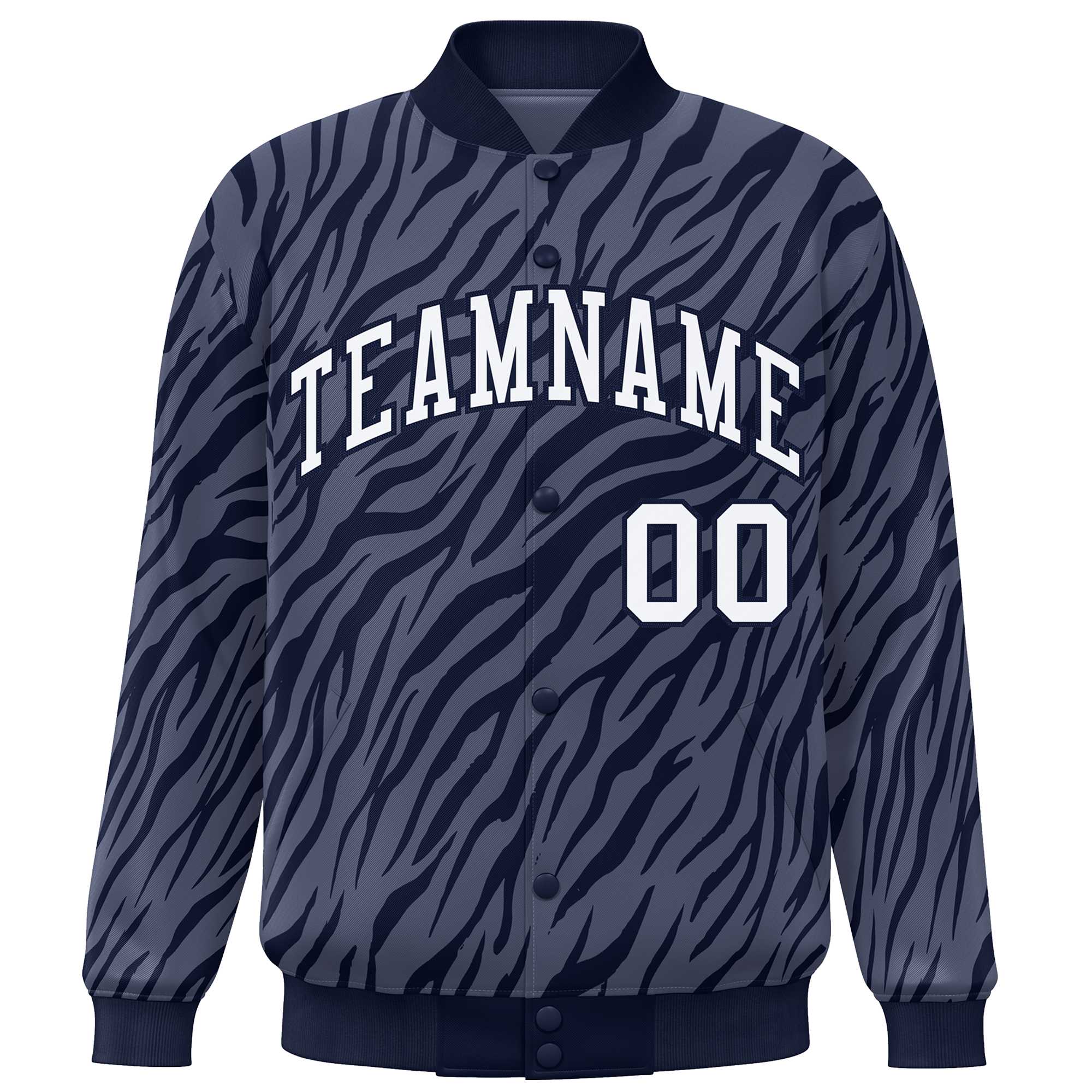 Custom Navy White Tiger Stripes Graffiti Pattern Bomber Varsity Jacket