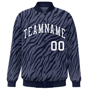 Custom Navy White Tiger Stripes Graffiti Pattern Bomber Varsity Jacket