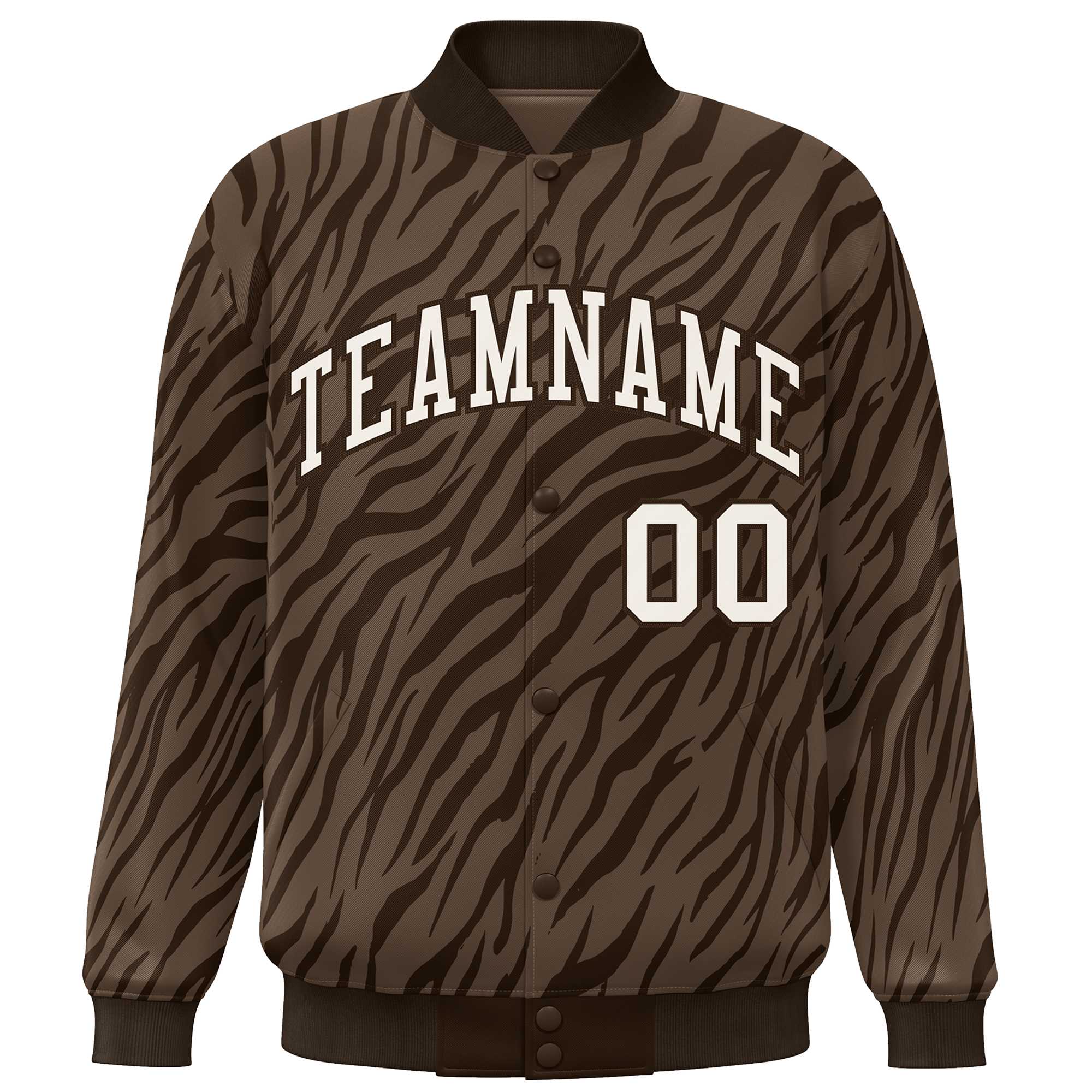 Custom Brown Cream Tiger Stripes Graffiti Pattern Bomber Varsity Jacket