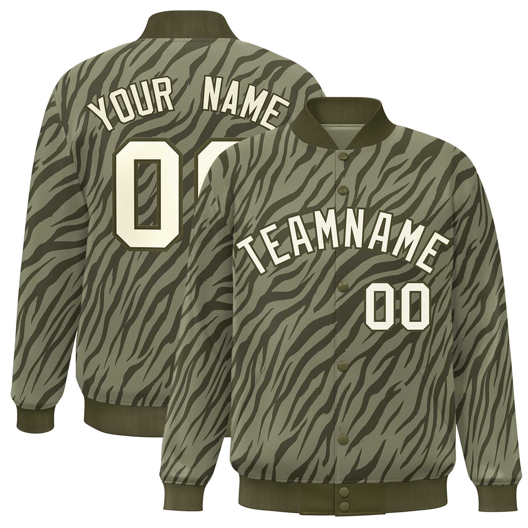 Custom Olive Cream Tiger Stripes Graffiti Pattern Bomber Varsity Jacket