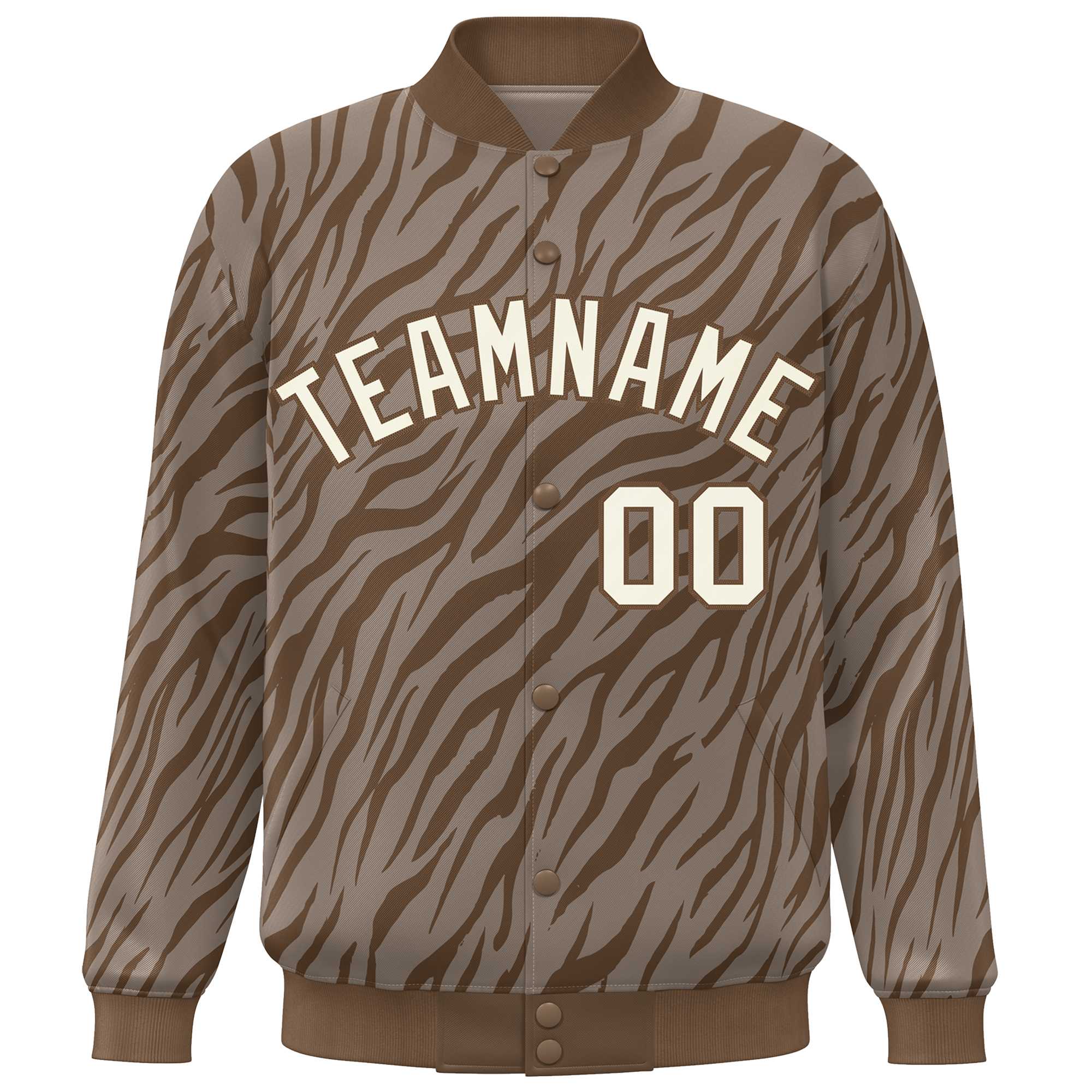 Custom Brown Cream Tiger Stripes Graffiti Pattern Bomber Varsity Jacket