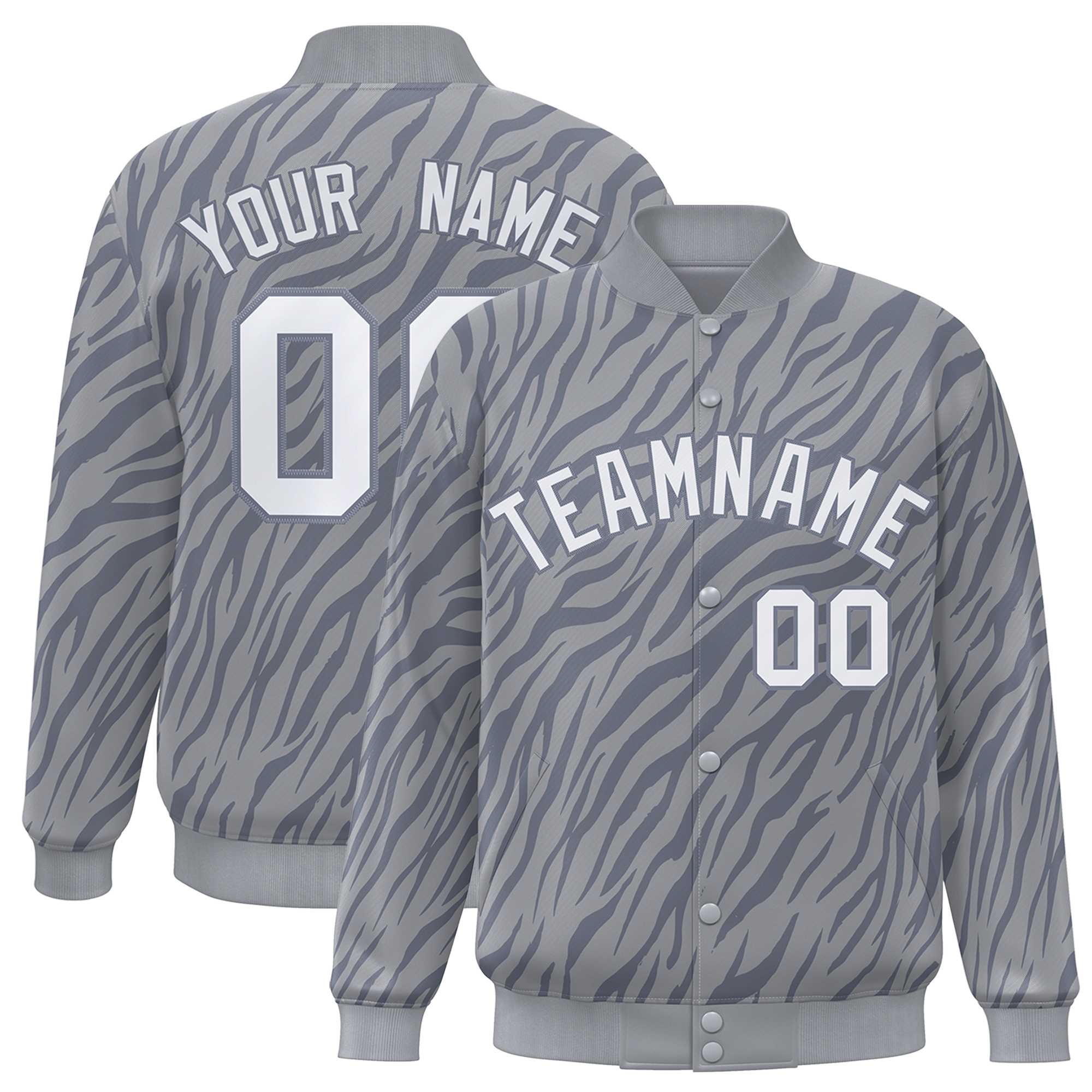 Custom Gray White Tiger Stripes Graffiti Pattern Bomber Varsity Jacket