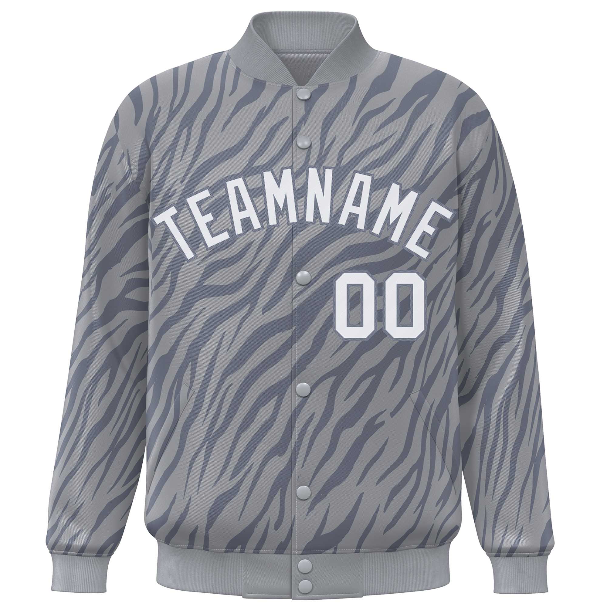 Custom Gray White Tiger Stripes Graffiti Pattern Bomber Varsity Jacket