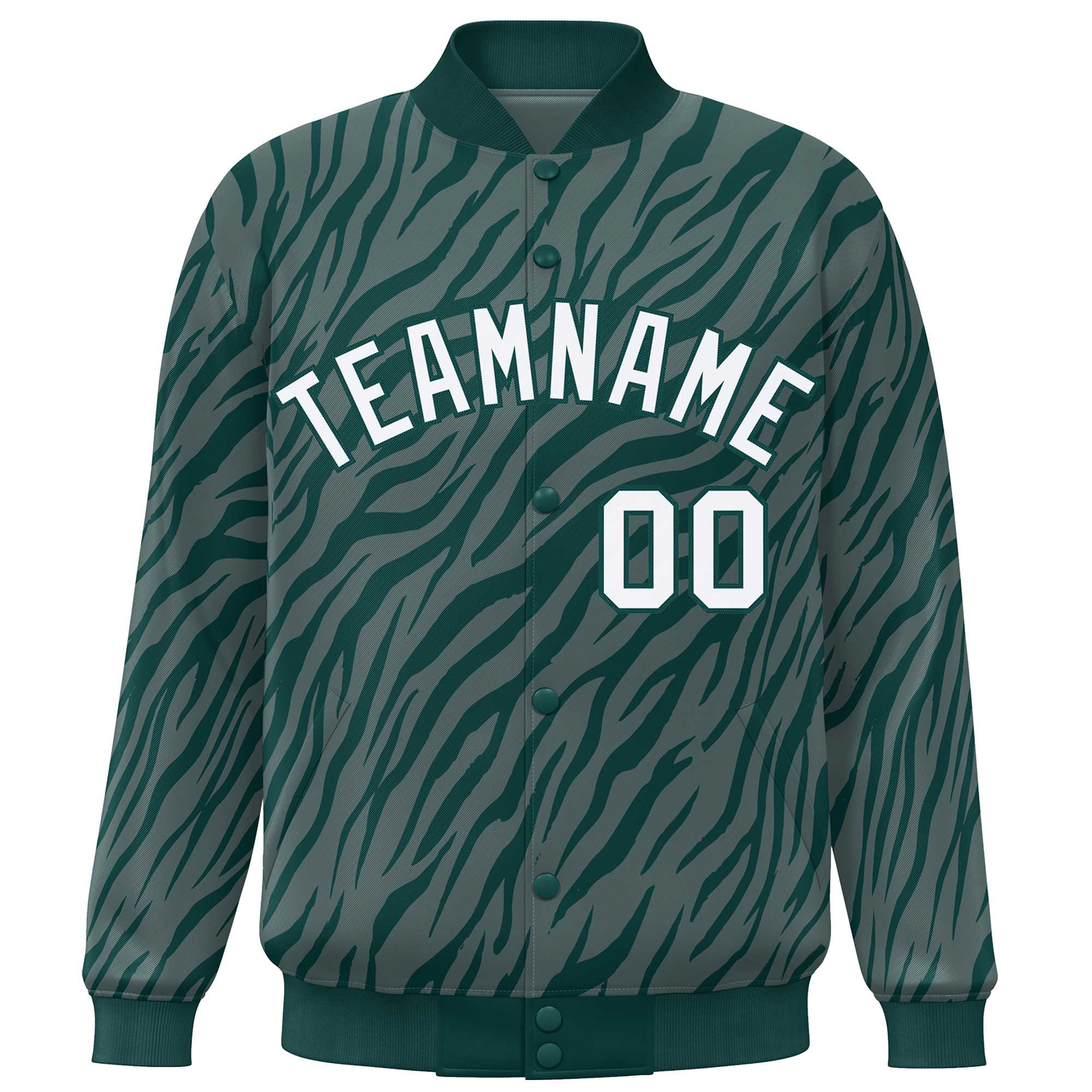 Custom Midnight Green White Tiger Stripes Graffiti Pattern Bomber Varsity Jacket