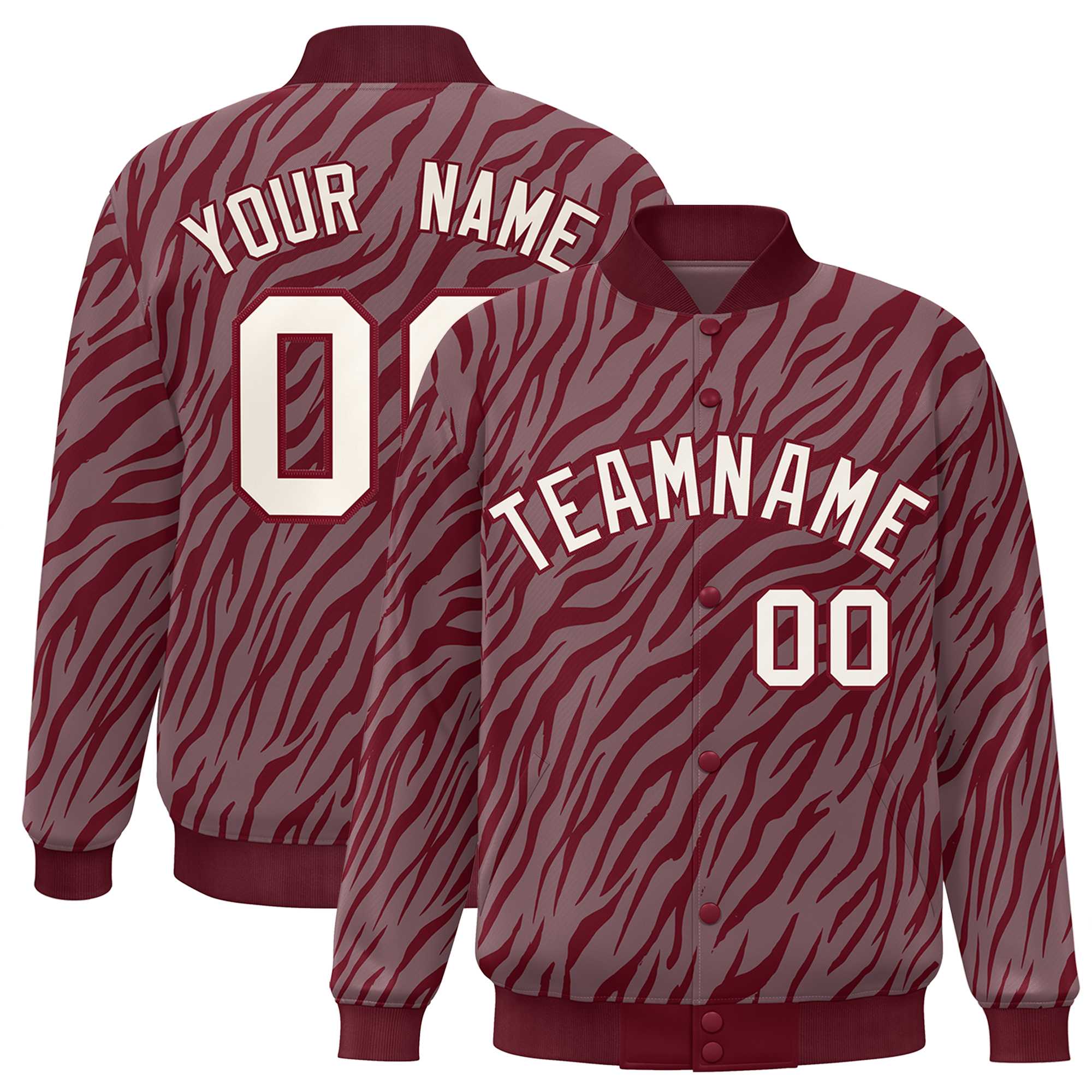 Custom Crimson Cream Tiger Stripes Graffiti Pattern Bomber Varsity Jacket