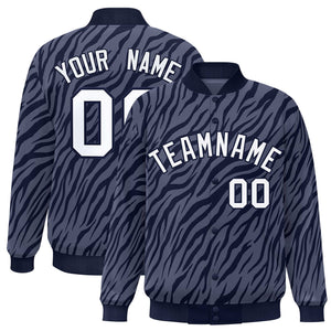 Custom Navy White Tiger Stripes Graffiti Pattern Bomber Varsity Jacket