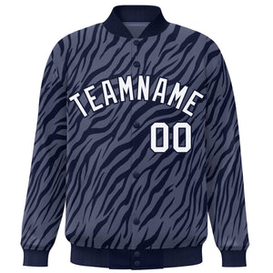 Custom Navy White Tiger Stripes Graffiti Pattern Bomber Varsity Jacket