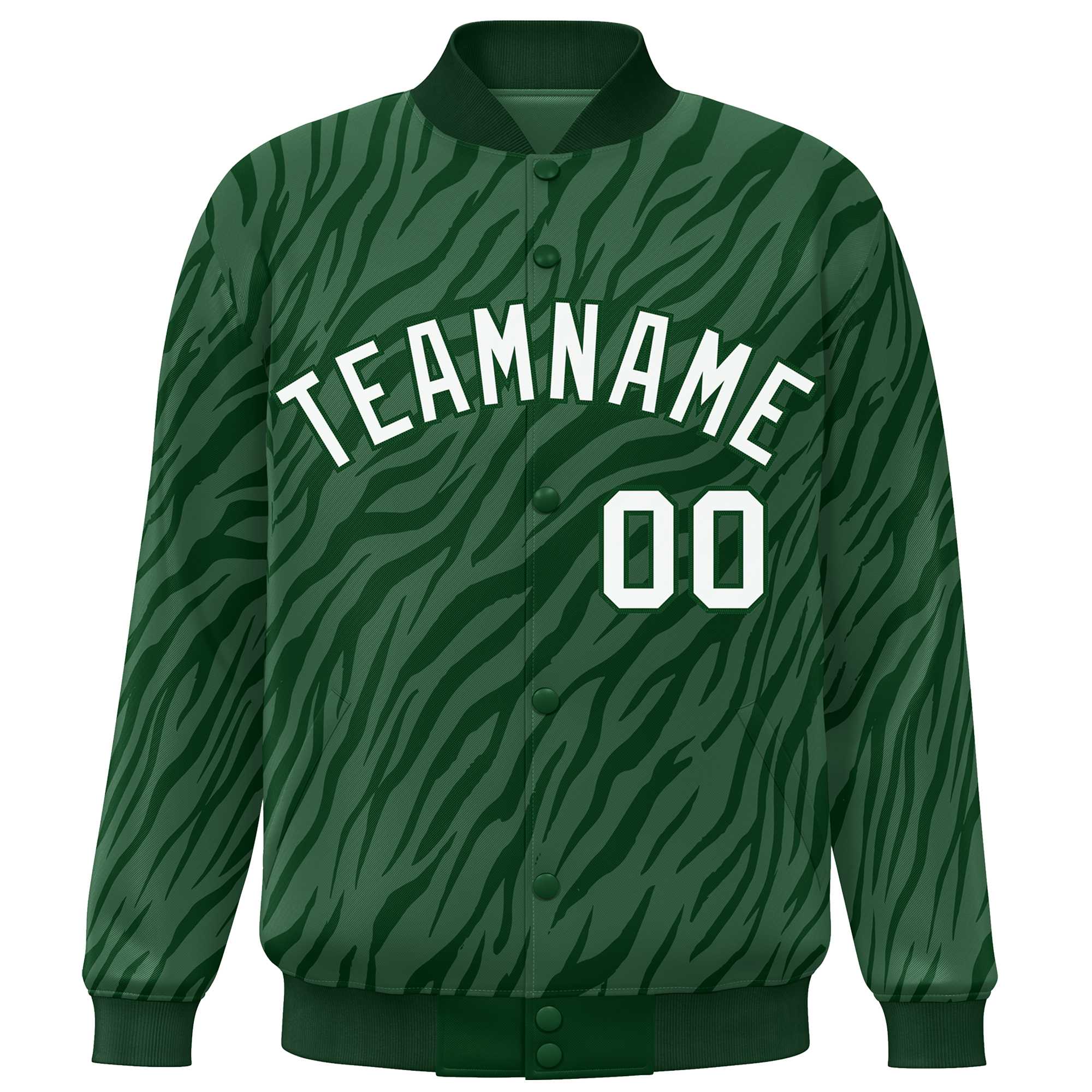 Custom Green White Tiger Stripes Graffiti Pattern Bomber Varsity Jacket