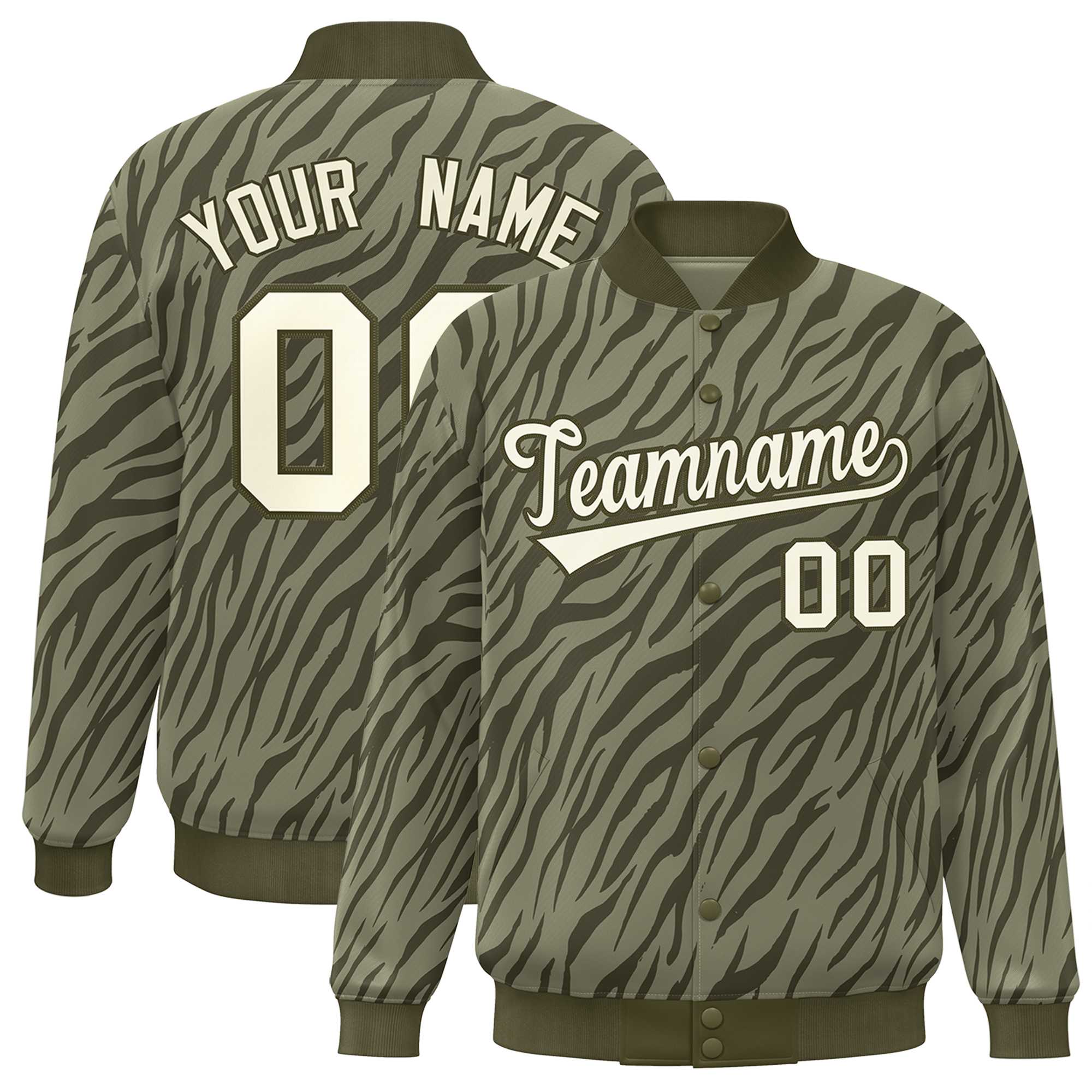 Custom Olive Cream Tiger Stripes Graffiti Pattern Bomber Varsity Jacket